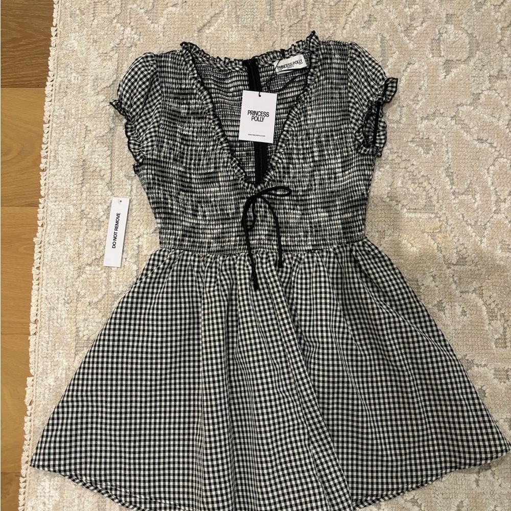 Black and White Gingham Smocked Vneck Romper